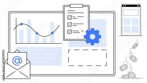 Data graph, checklist, and settings icon on a computer screen. Nearby are an email envelope, a smartphone, and falling coins. Ideal for analytics, marketing, communication task tracking finance