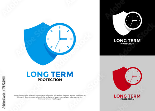 Long Term Protection vector logo template. Shield icon combined with a clock symbol. for time-based security, warranty, or insurance service brand, services requiring lasting security