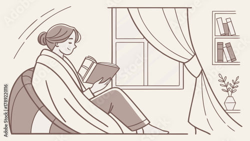 Illustration of a woman reading a book in a cozy setting with a window and a bookshelf nearby