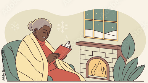 Elderly woman reading a book by the fireplace with a blanket and a window showing snow outside