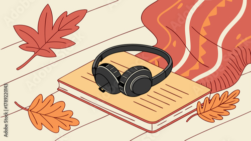Illustration of headphones on a book with autumn leaves and a cozy blanket on a wooden surface