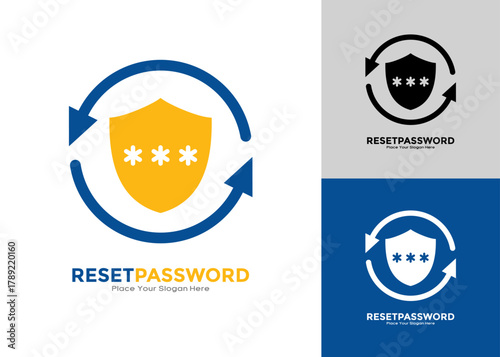 Reset Password with shield and loop arrow vector logo. for digital security, account recovery, or password update and protection services