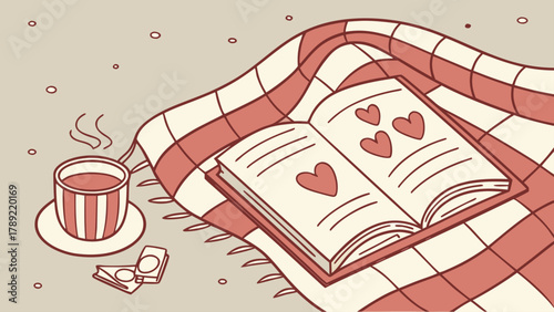 Cozy scene of a book with hearts on a blanket with a cup of tea and sugar packets nearby