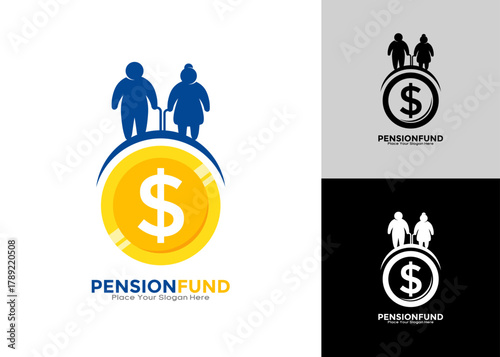 Elderly financial fund logo. Icon represents retired couple's future secured by money. Ideal for pension firms, investment advisors, and insurance companies