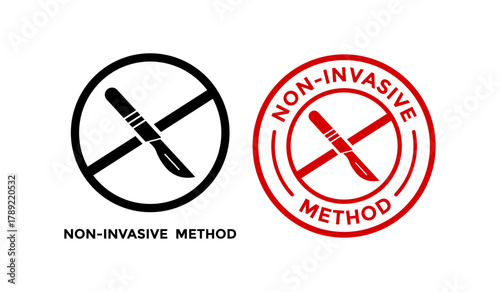 Circular non-invasive treatment seal. Warning badge with a crossed-out scalpel, denoting a safe, non-surgical method. Great for health, therapy, and wellness branding