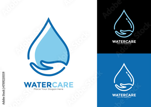 Water care vector logo template. Abstract monoline design of a hand supporting a drop, symbolizing water conservation, purity, protection, and environmental sustainability.