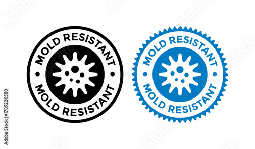 Circular mold resistant label vector. Blue and black stamp for building materials, paints, and products requiring germ and microbial protection. Quality guarantee symbol