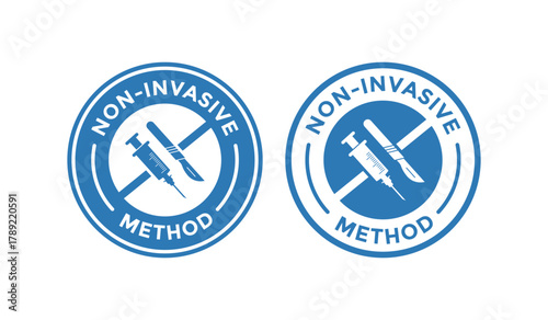 Circular non-invasive treatment method seal badge. Warning badge with surgical tools crossed out, denoting safety and minimal risk procedures. Great for health and wellness branding