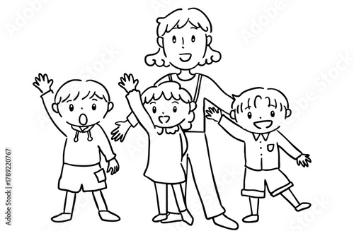 モノクロ、呼ばれて手を挙げる子ども達と見守る先生