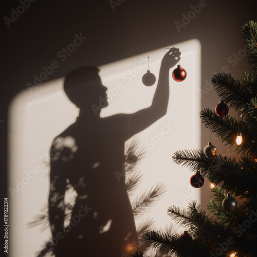 Surreal concept of a person's shadow holding a real Christmas ornament
