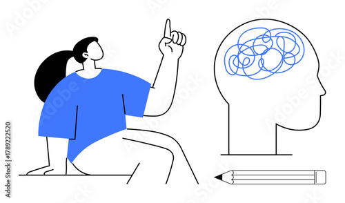 Female figure thinking with raised hand, brain illustration with lines, and pencil symbolizing imagination. Ideal for creativity, brainstorming, problem-solving, mental health, education