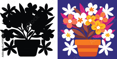 Vibrant potted flowers burst with color in a modern, stylized design, perfect for adding fresh, cheerful energy to any project.