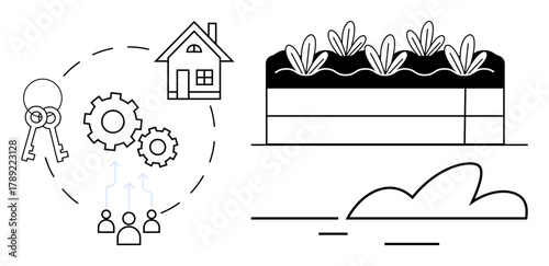 House, keys, gears, and people symbolizing teamwork and property, alongside crops in soil layers. Ideal for sustainability, real estate, teamwork, permaculture urban planning agriculture