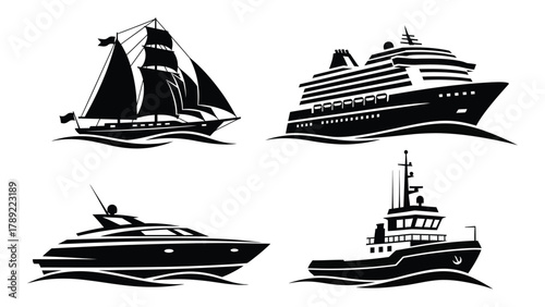 Set of ship and boat silhouettes isolated on white background, Vector
