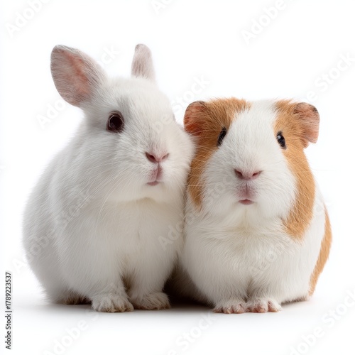 Cute white rabbit and guinea pig sitting together on white background, adorable small pets showing friendship and tenderness concept
