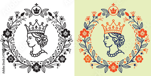 Elegant queen portrait framed by vibrant floral wreath, exuding regal charm and classic beauty for sophisticated design projects.