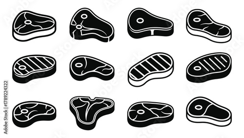 Meat steaks silhouette icons isolated on white background, Vector