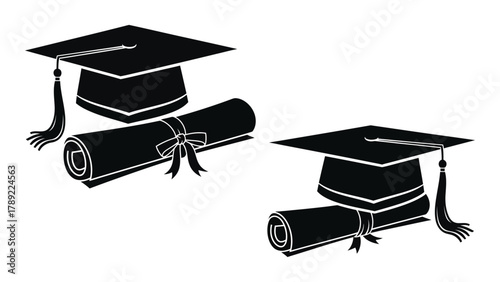 Graduation cap and diploma silhouettes isolated on white background, Vector