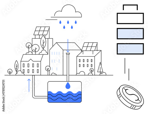 Urban houses with solar panels collect rainwater routed into storage tank and water recycling system. Ideal for sustainability, water management, clean energy, conservation, green living