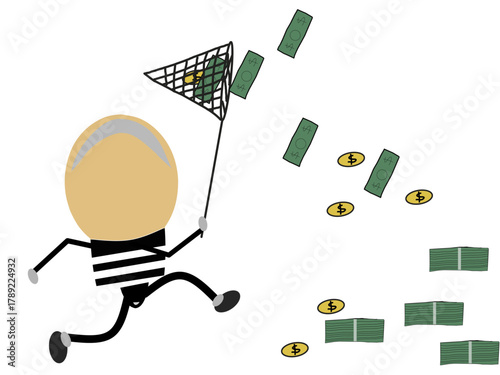 cartoon light bulb carrying net and catching money