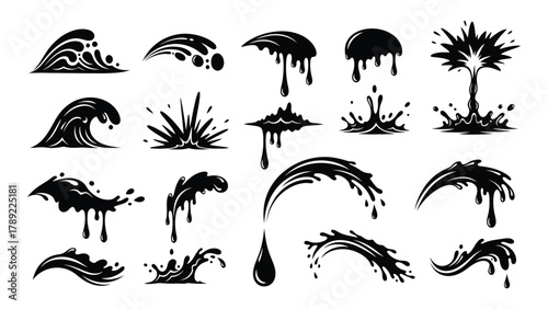 Abstract liquid splashes and drips silhouettes isolated on white background, Vector