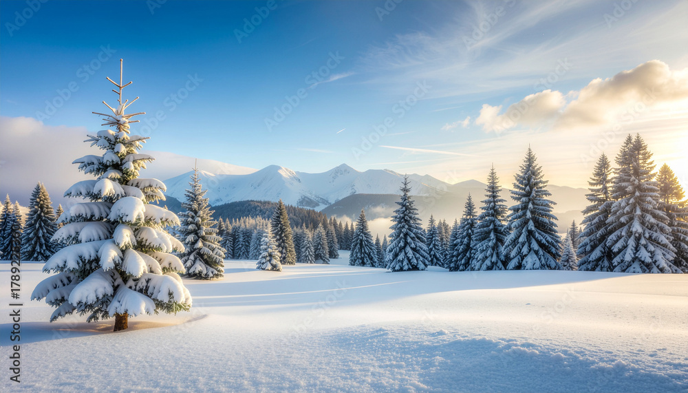 Fototapeta premium Stunning view of snow-covered pine trees in a vast field, bathed in the bright morning sun, with dramatic, snow-capped mountains in the background.