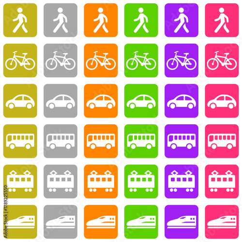 交通機関・移動手段の四角いスタンプ型アイコン 6種類のカラフルセット