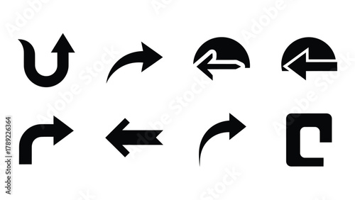 Diverse arrow and directional symbol silhouettes isolated on white background, Vector