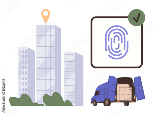 Tall buildings, location pin marker, fingerprint icon with check mark, cargo van unloading boxes. Ideal for logistics, security, technology, authentication delivery privacy urban systems. Simple