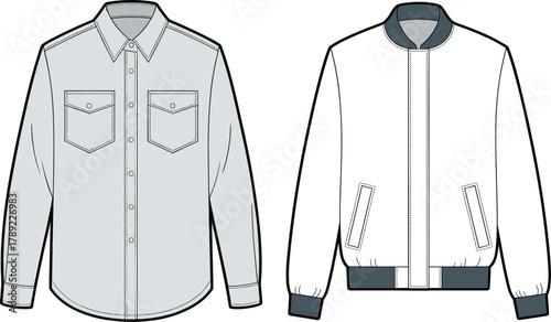 Bomber jacket, shirt-style jacket, fashion flat sketch, front back view, technical drawing, apparel design, vector illustration, garment CAD