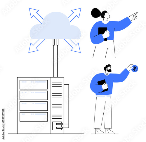 Cloud server with arrows, two professionals discussing data access with devices and symbols. Ideal for technology, teamwork, data storage, cloud computing, innovation, networking, professional