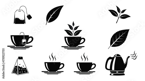 Tea icons silhouette set isolated on white background, Vector