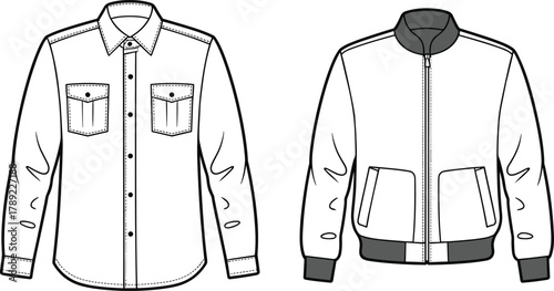 Button-up shirt sketch, bomber jacket drawing, chest pockets, flap pockets, fashion cad illustration, vector garment design, cad drawing flat vector illustration
