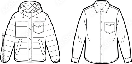 Cad drawing flat vector illustration, technical fashion sketch, puffer jacket and shirt, garment construction, apparel design template