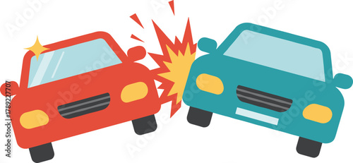 Car crash accident illustration, side impact collision vector, traffic safety hazard drawing, insurance claim concept, vehicle damage graphic, cad drawing flat vector illustration