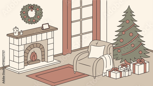 A cozy christmas living room with a fireplace armchair and a decorated christmas tree in a home setting
