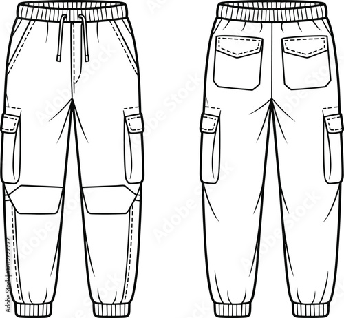 Cargo pants sketch, drawstring waist, flap pockets, knee patches, elastic cuffs, fashion cad drawing, vector apparel illustration, cad drawing flat vector illustration