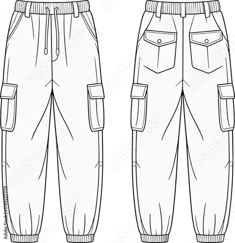 Cargo pants sketch, drawstring waist, flap pockets, elastic cuffs, stitching details, fashion cad drawing, vector apparel illustration, cad drawing flat vector illustration