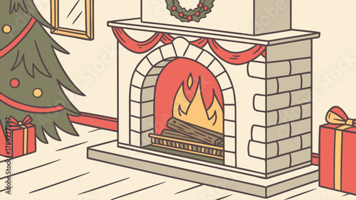 A festive christmas scene with a decorated tree presents and a cozy fireplace with a wreath above it