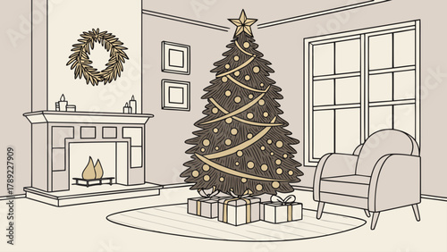 A christmas tree stands in a room with a fireplace wreath chair and presents under the tree in the room