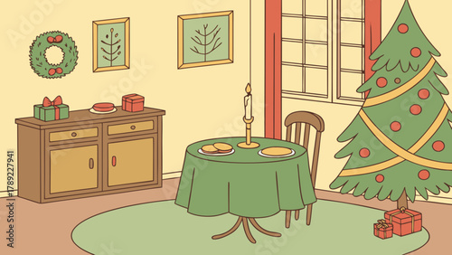 Festive christmas interior scene with tree, gifts, table, and decorations in a cozy home setting