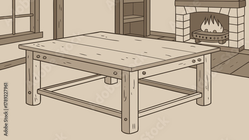 Illustration of a wooden coffee table in a living room with a fireplace and built in shelves