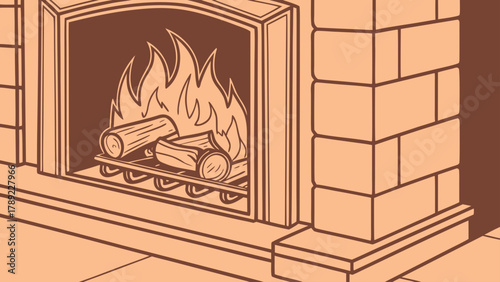 Illustration of a fireplace with burning logs inside and a brick surround in a cozy warm color scheme