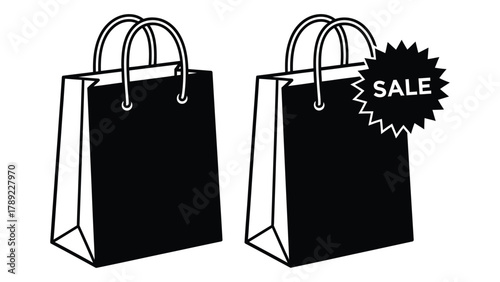Black silhouette shopping bags with sale tag isolated on white background, Vector