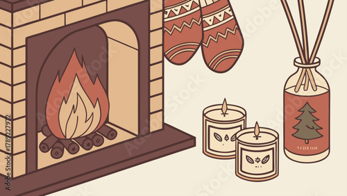 Cozy christmas scene with fireplace stockings candles and diffuser creating a warm atmosphere indoors