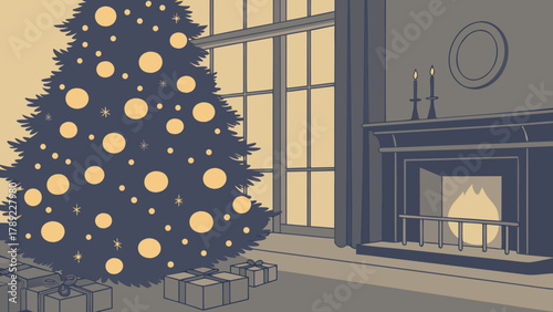 A christmas tree with ornaments and presents next to a fireplace with candles and window view indoors