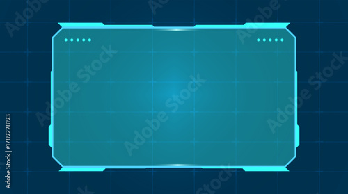 Futuristic Sci-Fi HUD Frame Interface With Blue Glow. A clean sci-fi HUD frame featuring a bright blue glow, minimal tech details, and a digital grid backdrop.