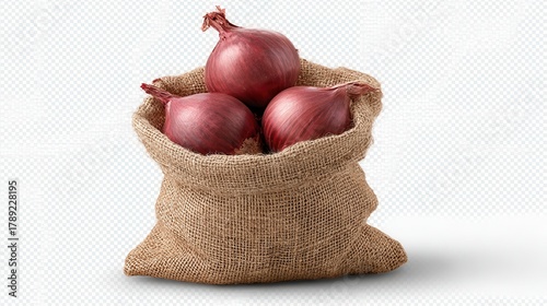 Beautiful photo of red onion in burlap sack isolated on transparent background.