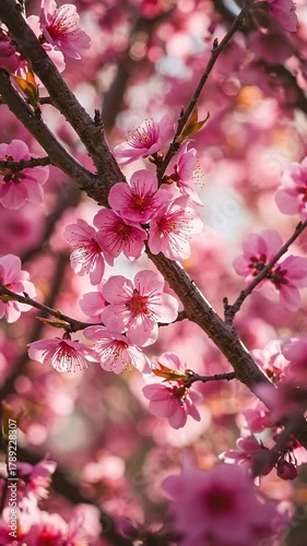 Close up Pink Cherry Blossoms Blooming In Spring Sunlight