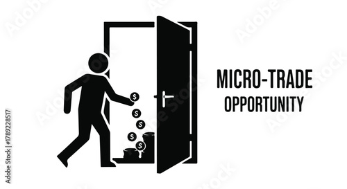 Person stepping through an open doorway with falling coins, symbolizing a financial opportunity.